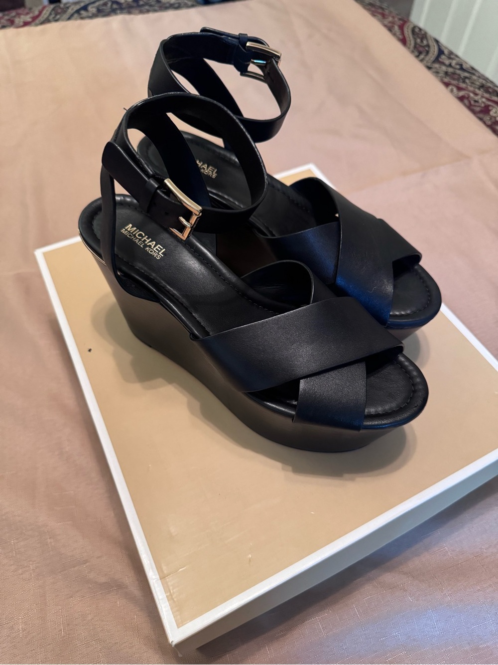 Michael Kors Black Leather Platform Wedge Sandals with Gold Buckle